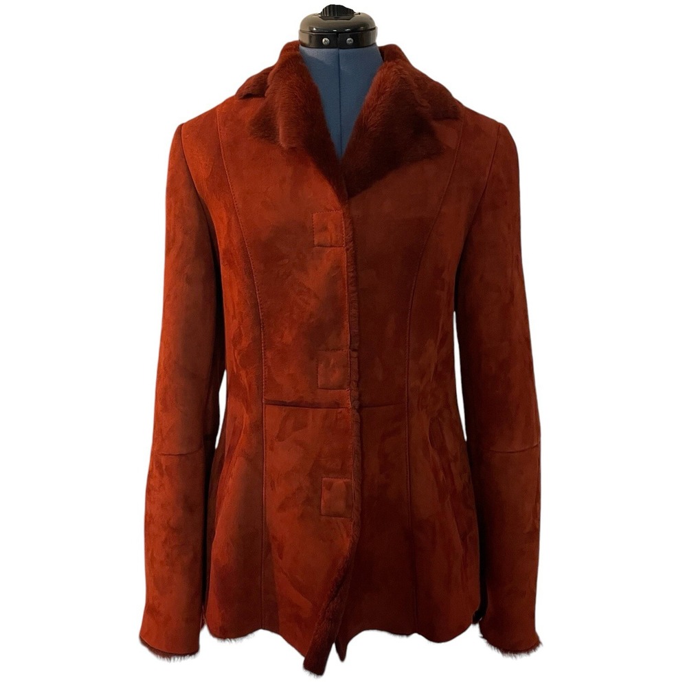 Vakko Elements Orange Suede Shearling Peplum Jacket Penny Lane Luxury Designer M